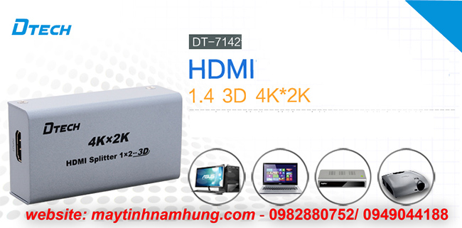 Bộ chia 2 cổng HDMI chuẩn 2K, 4K cho tivi Dtech DT7142