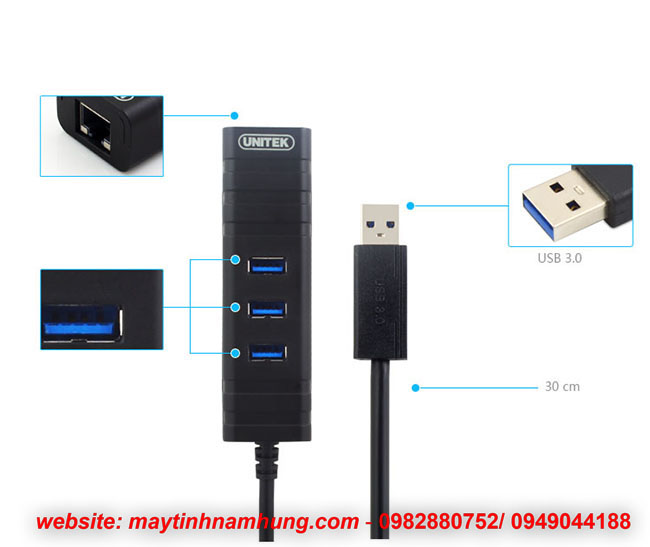 Bô chia USB chuẩn 3.0 kèm cổng LAN gigabit Unitek Y3057