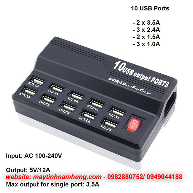 Hub USB sạc 10 cổng có công tắc W838