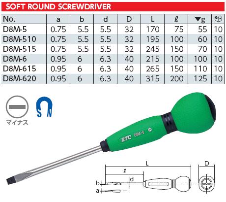 Tô vít 2 cạnh KTC Nhật, KTC D8M-5, D8M-6, D8M-620, tô vít 2 canh cán nhựa mềm,