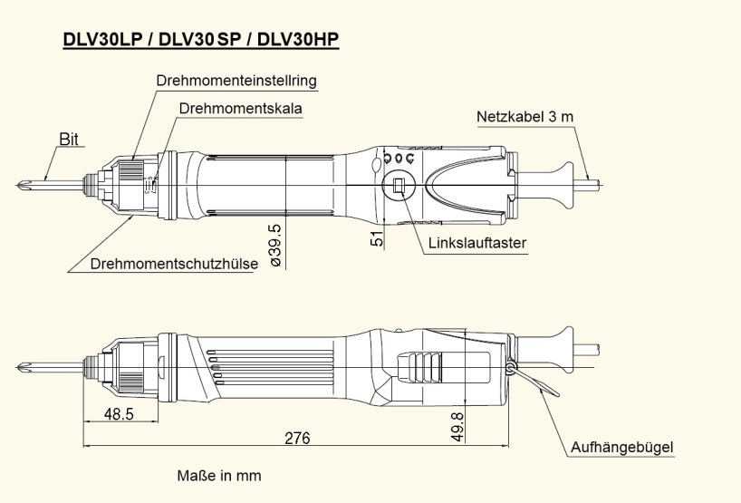 Thông số kích thước tô vít điện DLV30SP, DLV30LP, DLV30HP