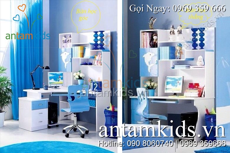 Bộ bàn học trẻ em H602 được thiết kế tiện lợi tùy theo không gian phòng của bé bạn có thể lựa chọn Bàn học góc hay bàn học thẳng cho phù hợp – AnTamKids.vn