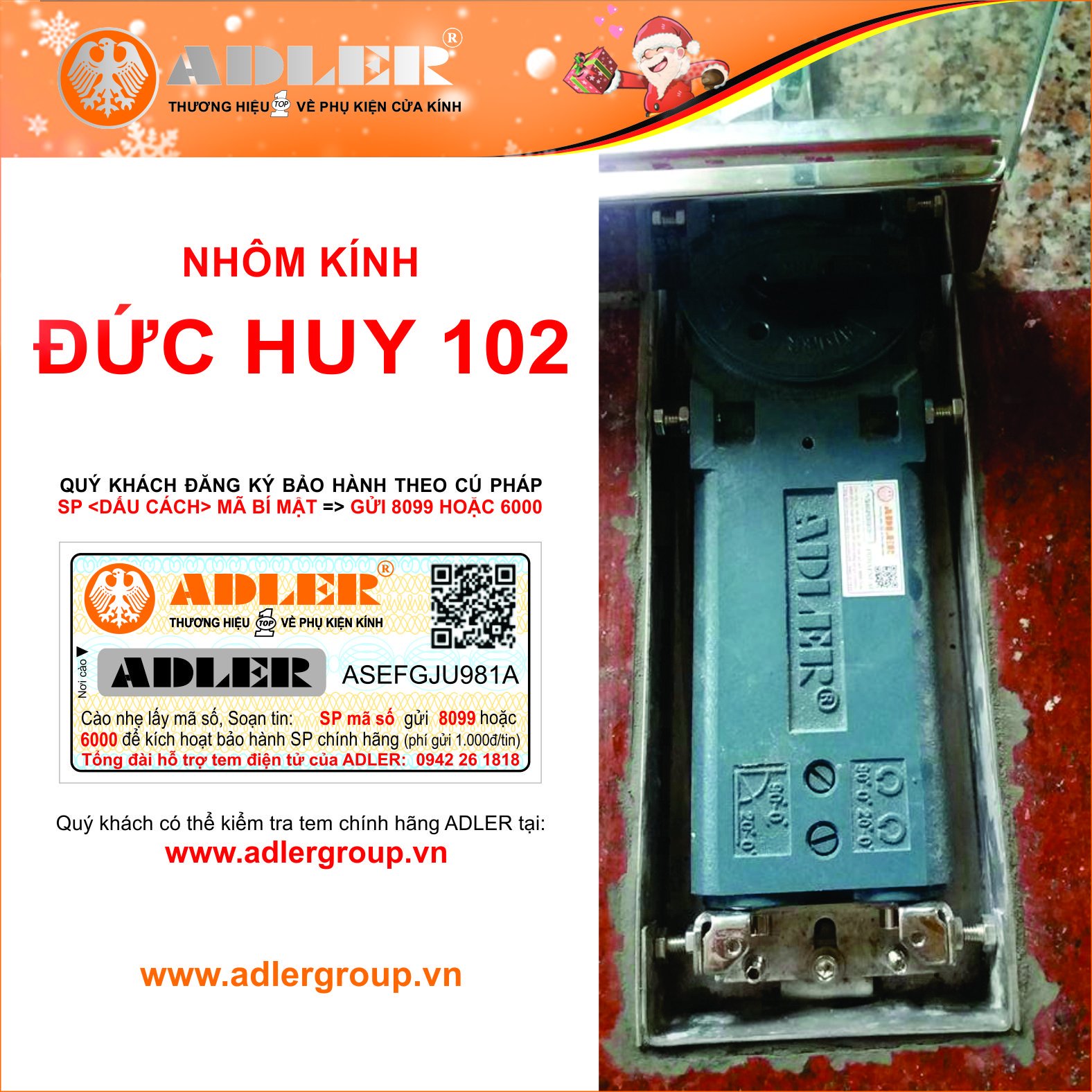 Bản lề sàn Adler dưới bàn tay của nhôm kính Đức Huy 102