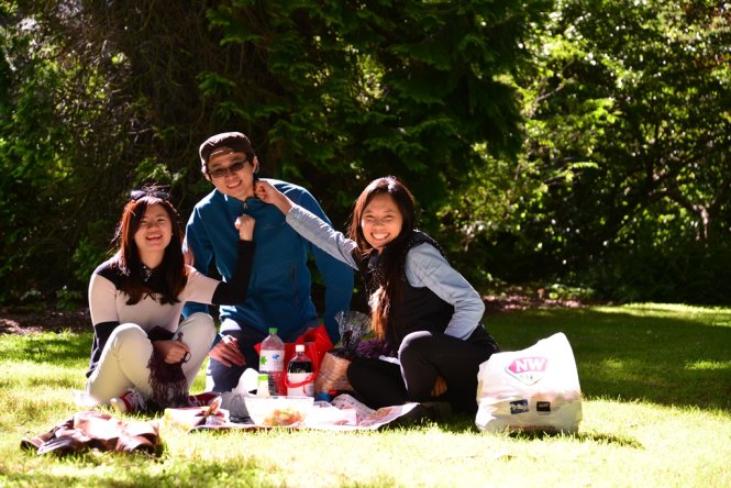 Các bạn trẻ người Việt và Malaysia du lịch và làm việc ở New Zealand trong một bữa dã ngoại tại công viên Queens Park, Invercargill - Ảnh: Hữu Công