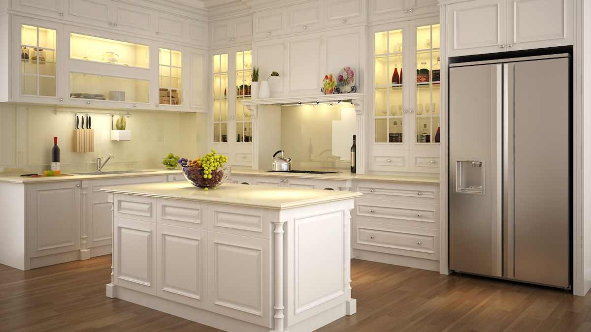 Kết quả hình ảnh cho tủ bếp gỗ sồi nga sơn màu trắng