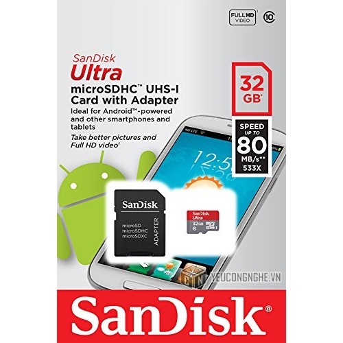 Thẻ nhớ Micro SDHC 32GB 80Mb/s Sandisk Ultra Class 10 kèm SD Adapter