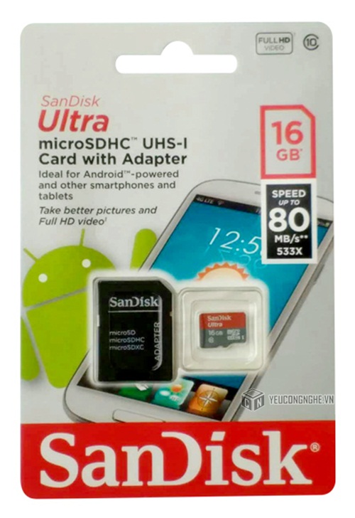 Thẻ nhớ Micro SD 16GB Sandisk 80mb/s kèm áo thẻ tiện lợi cho người sử dụng