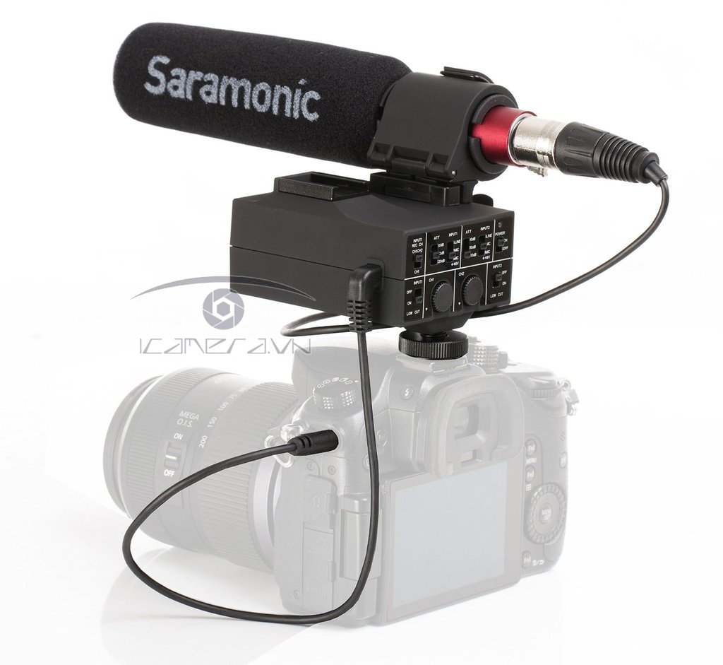 Mic shotgun tính hợp bộ chuyển đổi Saramonic MIXMIC 2 kênh XLR micro