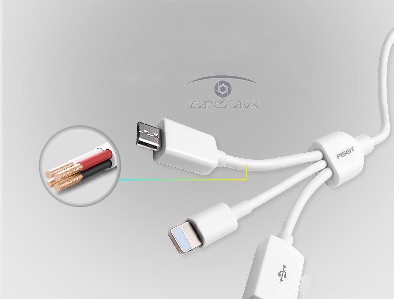 Cáp sạc Pisen 3 trong 1 Type-C Micro USB Lightning dài 1200mm AP07
