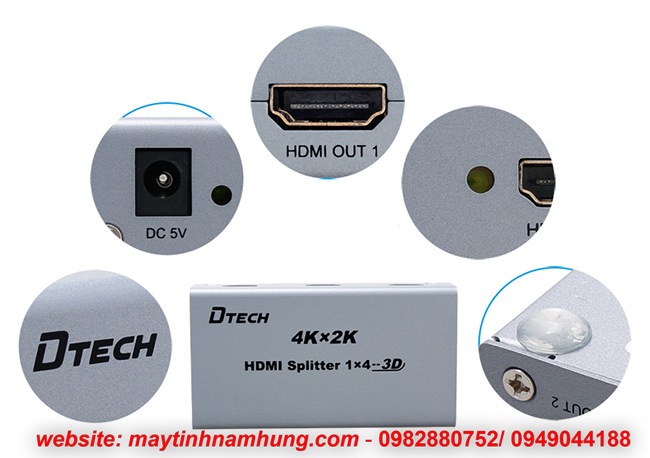 Bộ chia 2 cổng HDMI chuẩn 2K, 4K cho tivi Dtech DT7142