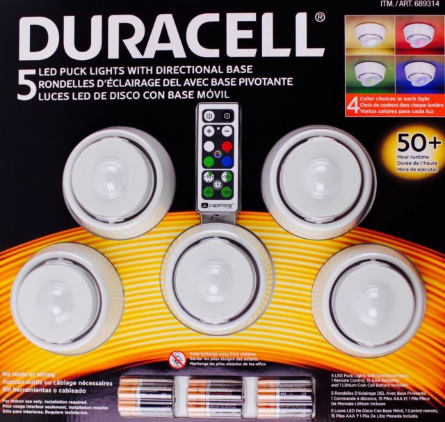 Bộ đèn Led đổi màu Duracell 5 Led Puck, điều khiển từ xa