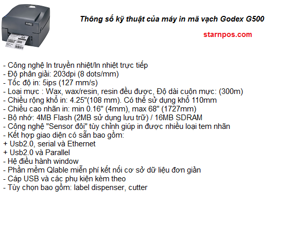 mô tả thông số kỹ thuật của máy in mã vạch godex G500