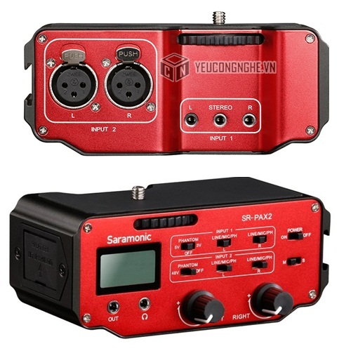 Audio Mixer cho máy ảnh DSLR gắn 2 mic cùng lúc cổng 3.5mm và XLR Saramonic SR-PAX2