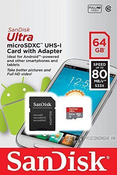 Thẻ nhớ Micro SD Sandisk 64GB tốc độ cao 80MB/s kèm SD Adapter