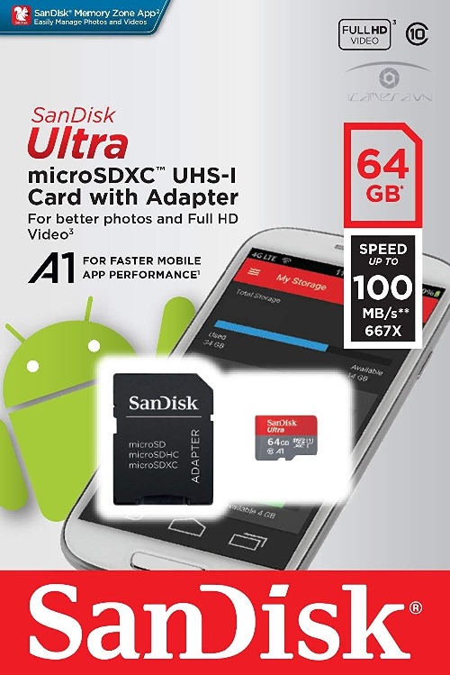 Thẻ nhớ microSDHC Sandisk Ultra A1 Class10 64GB tốc độ 100MB/s SDSQUAR-064G-GN6MN