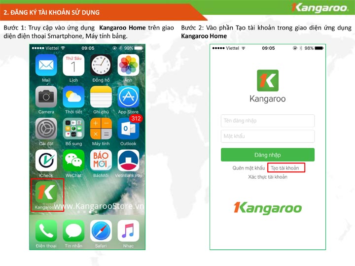 Truy cập vào ứng dụng KangarooHome và đăng ký tài khoản.
