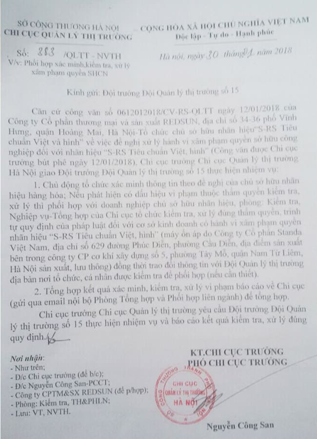 Công văn xử lý việc sâm phạm nhãn hiệu của Phó Chi Cục Quản Lý Thị Trường Hà Nội với Công ty Cổ phần Standa Việt Nam